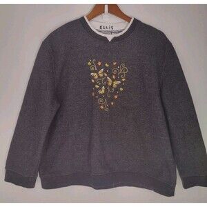 Vintage Speculation Sweatshirt PXL Embroidered Butterflies Leaves Scrolls Gray